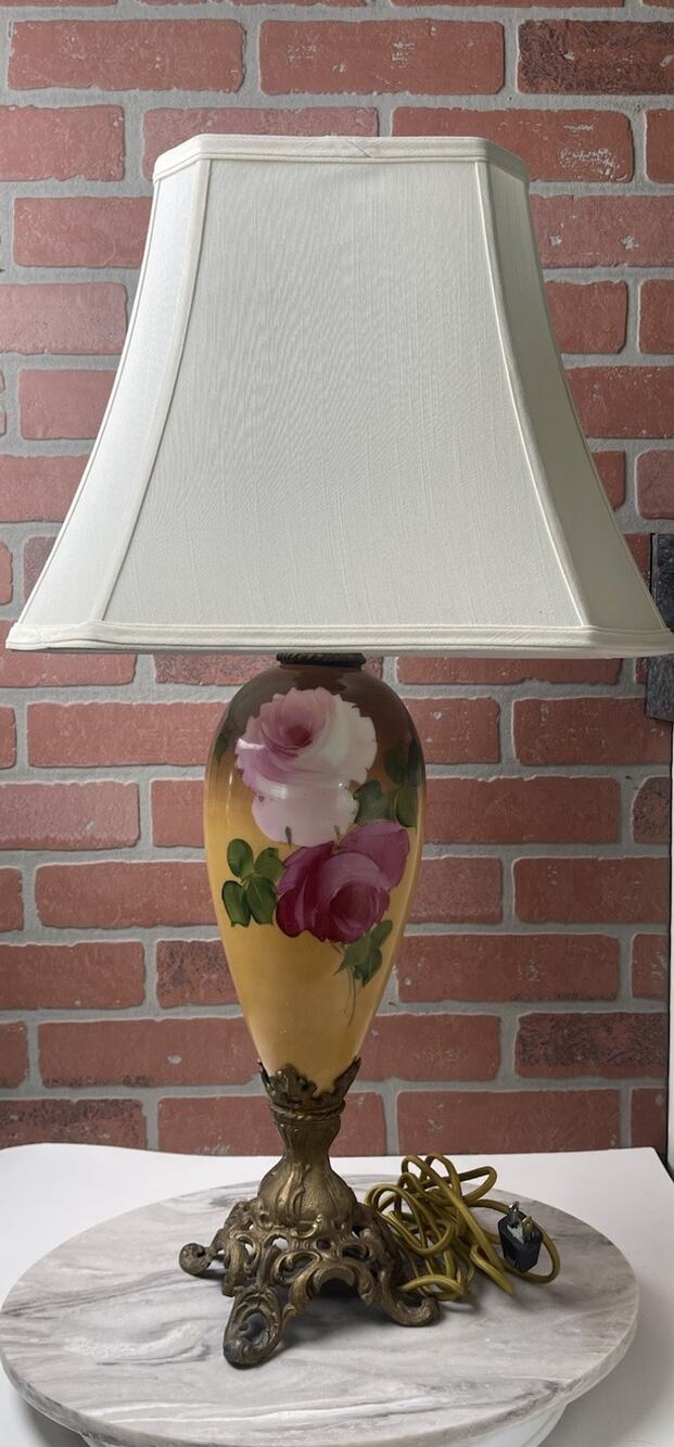 Table Lamp Yellow Floral Hand Painted PorcelainCast Iron Ornate Base Vintage